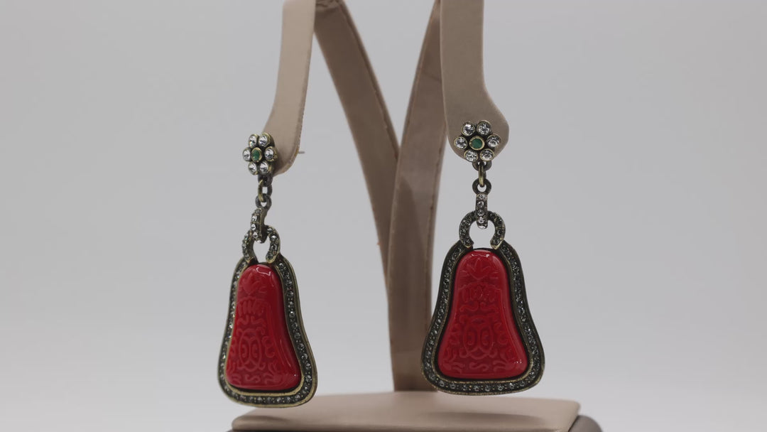Heidi Daus "Eastern Inspired" Red & Green Crystal Flower Enamel Drop Earrings