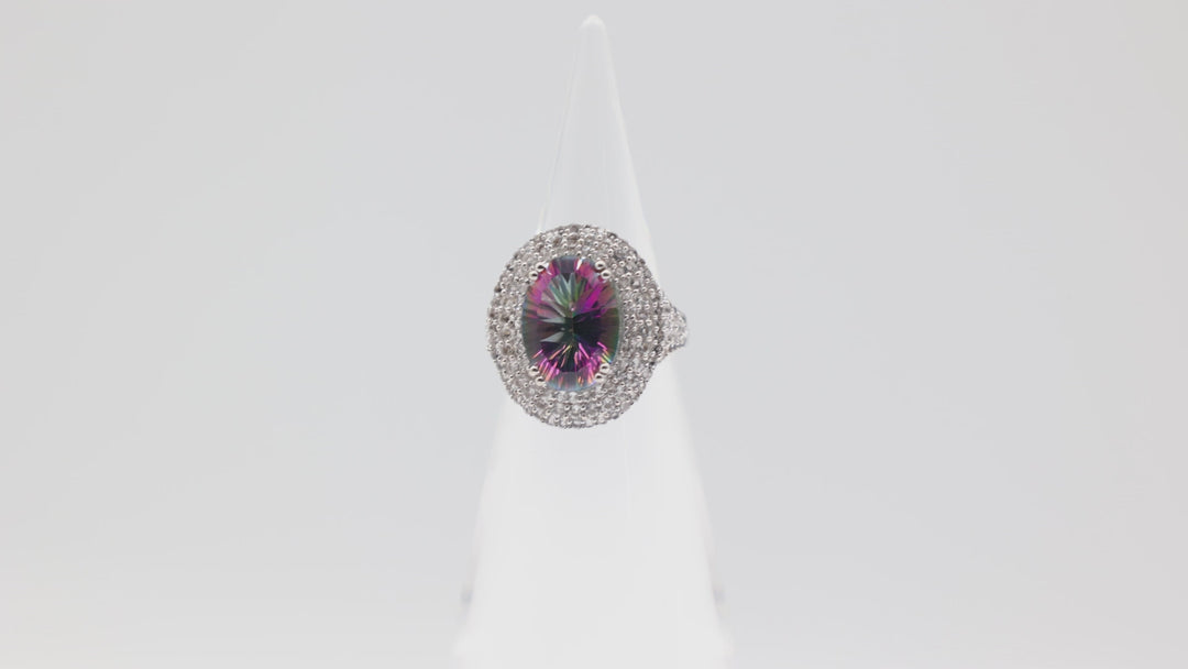 925 Sterling Silver 14x10mm Oval Mystic Topaz Stone with White Topaz Halo Ring Size 7