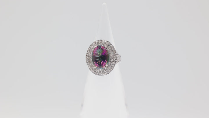 925 Sterling Silver 14x10mm Oval Mystic Topaz Stone with White Topaz Halo Ring Size 7