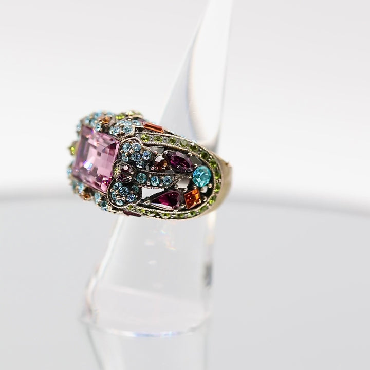 Heidi Daus Large Amethyst Stone with Blue and Pink Rhinestones Brass Ring - Size 6.75