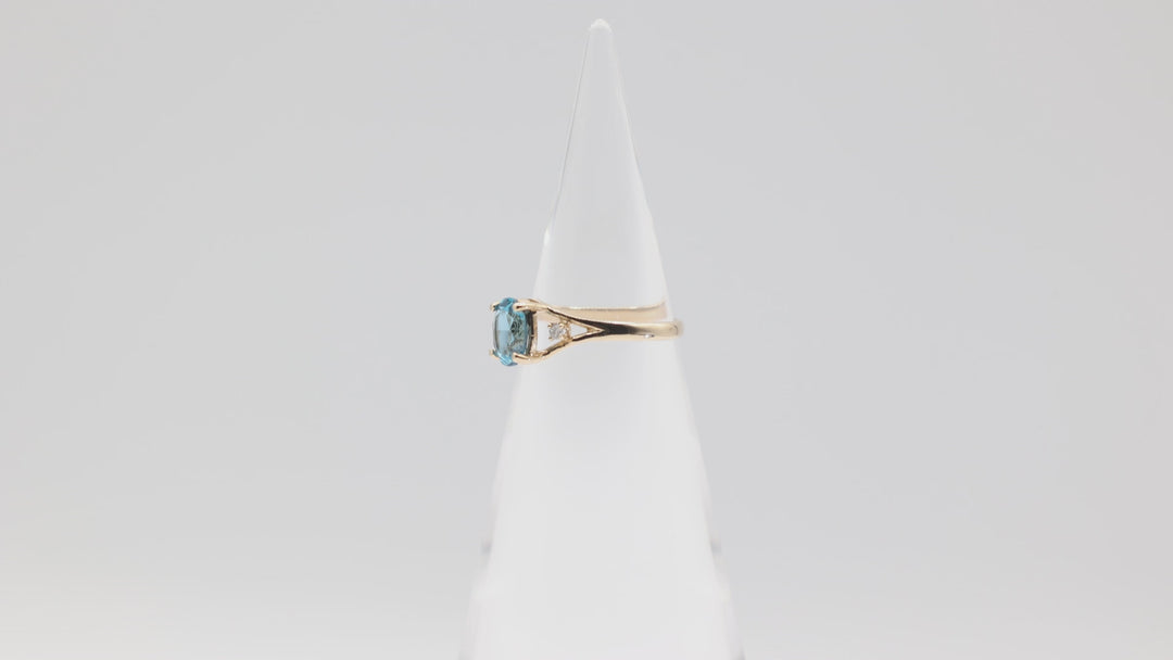 14k Yellow Gold Oval Blue Topaz Stone With Two Diamond Accents Size 7.75