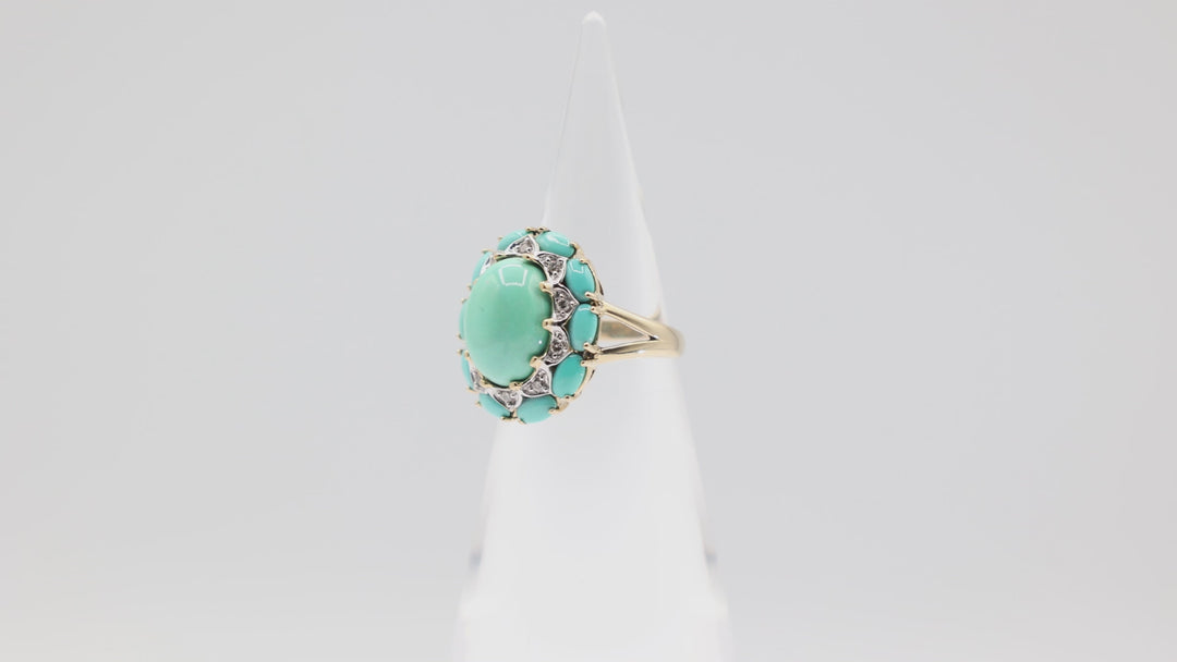 Levian 14K Yellow Turquoise Cluster Diamond Halo Ring 8.25