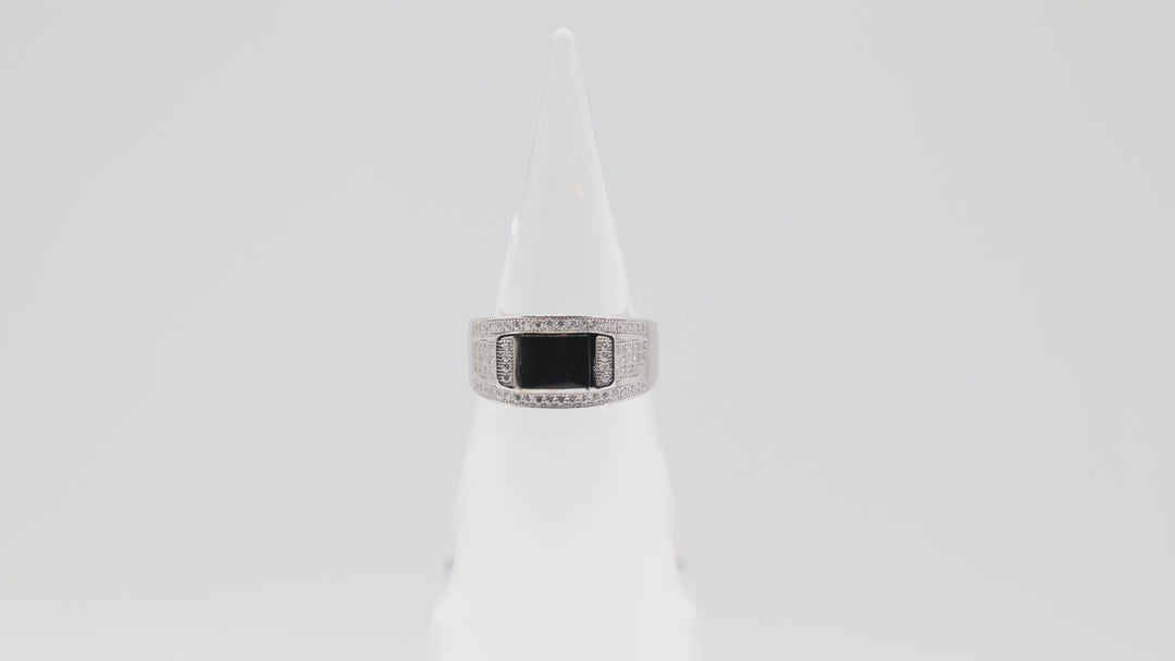 925 Sterling Silver Men's Black Onyx Stone Ring with CZ Rows Size 9.5