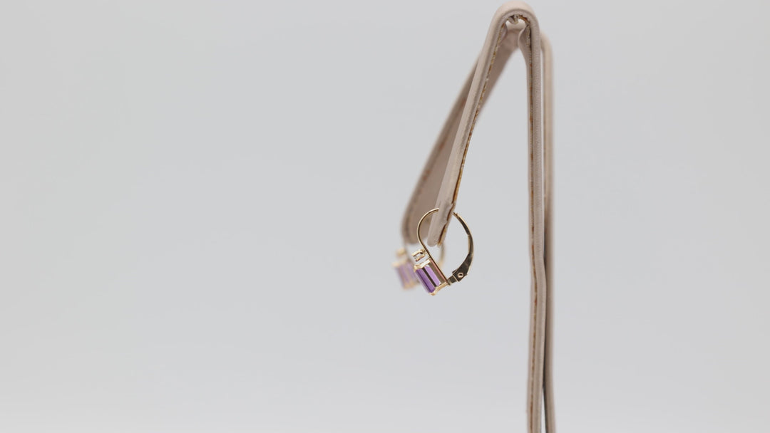 14k Yellow Gold 6x4mm Emerald Cut Amethyst Stone and Diamond Accent Earrings