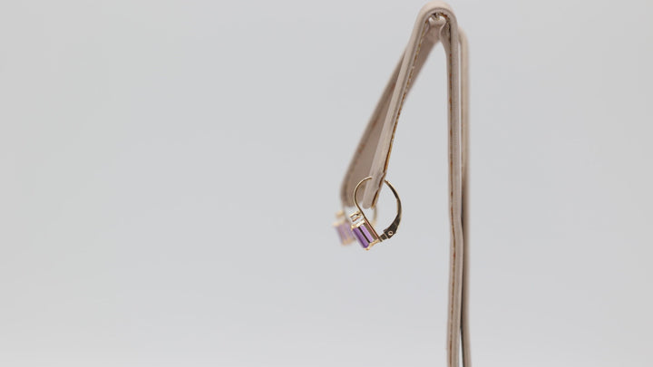 14k Yellow Gold 6x4mm Emerald Cut Amethyst Stone and Diamond Accent Earrings