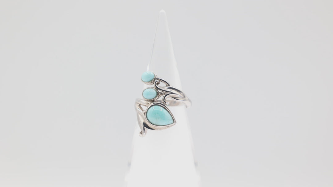 925 Silver Light Turquoise Teardrop Ring with Round Turquoise and Leaf Design Size 8.75