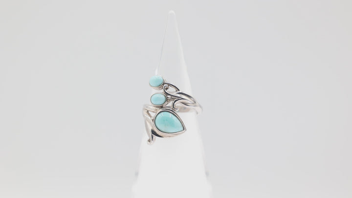 925 Silver Light Turquoise Teardrop Ring with Round Turquoise and Leaf Design Size 8.75