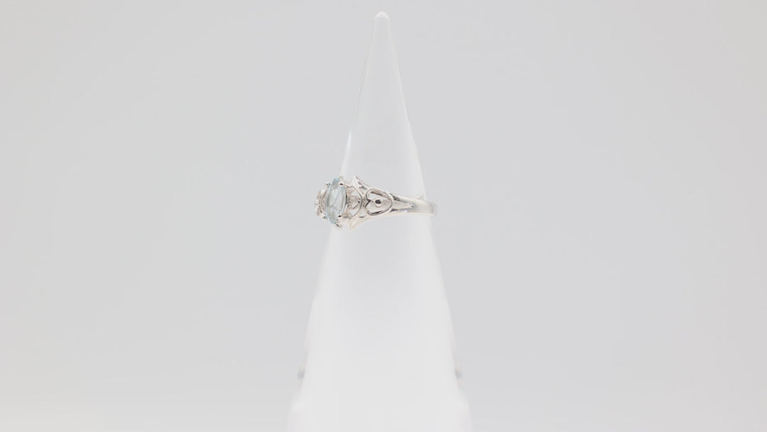 925 Sterling Silver Heart Filigree Design Marquise 8x4mm Blue Topaz Stone Ring Size 6.75