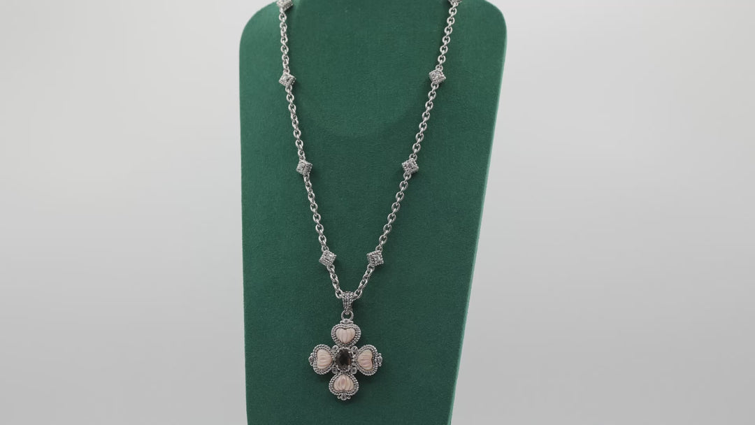 Judith Ripka Sterling Silver CZ Pink Mother of Pearl Smoky Quartz Cross Necklace