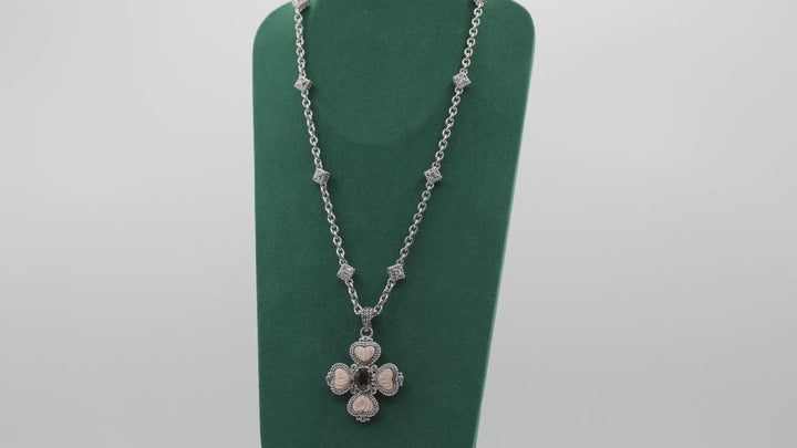 Judith Ripka Sterling Silver CZ Pink Mother of Pearl Smoky Quartz Cross Necklace