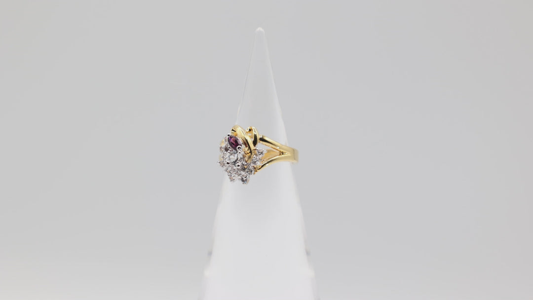 10k Yellow Gold White and Purple Cluster Ring Size 7.75
