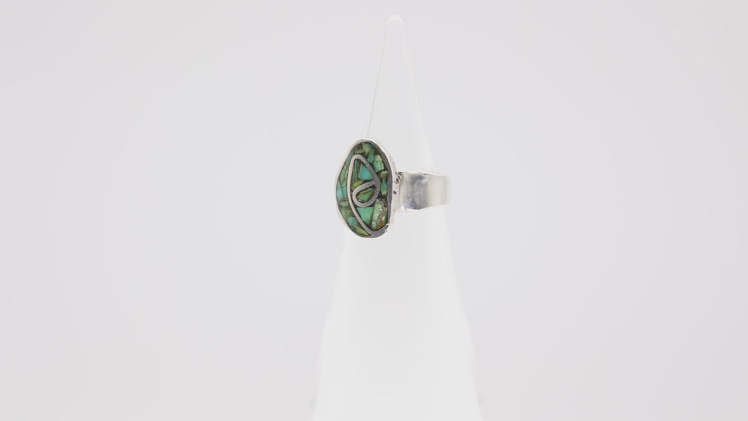925 Sterling Silver Turquoise Inlay with Hummingbird Design-Size 4.5