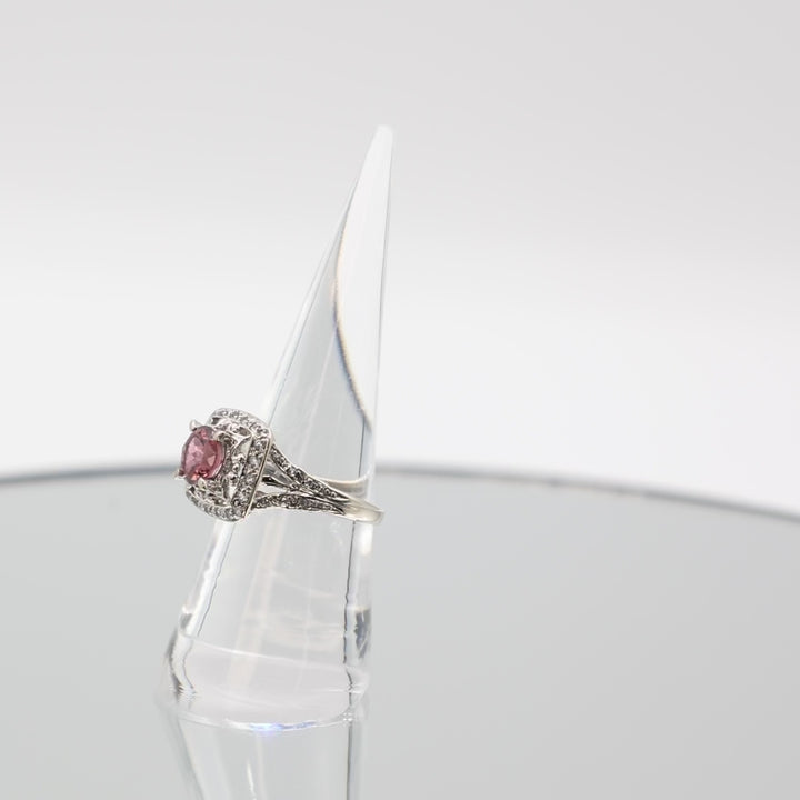 14k White Gold Ring with Pink Tourmaline and Cut Cube Zirconium - Size 6.75