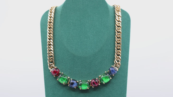 Christian Dior Gold Plated Necklace with Green Red Blue Colored Resin