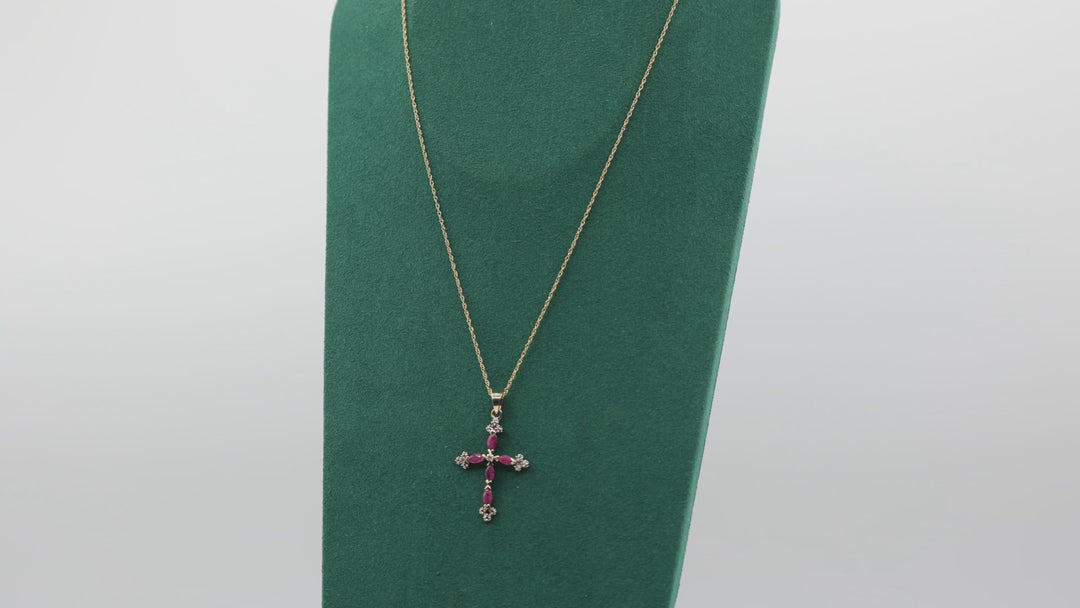 925 Gold Toned Garnet Cross Pendant with 14k Yellow Gold Chain Necklace - 17 in.