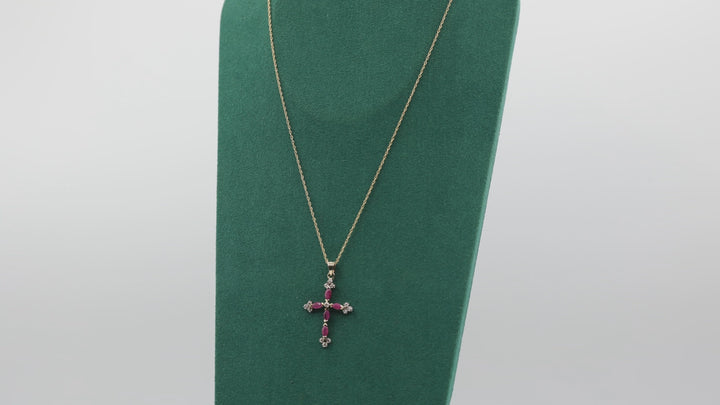 925 Gold Toned Garnet Cross Pendant with 14k Yellow Gold Chain Necklace - 17 in.