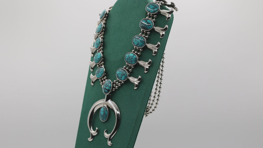 Vintage Goldette Faux Turquoise Squash Blossom Necklace