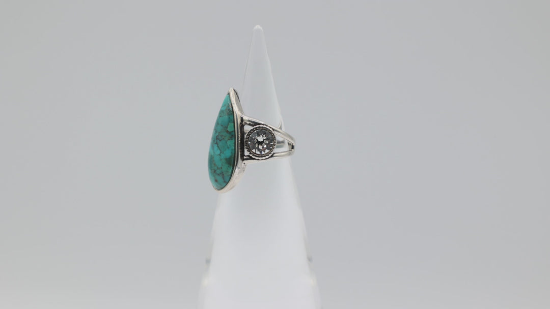 925 Sterling Silver Barse 25x12mm Faux Turquoise Stone & Rhinestones Ring Size 5.75