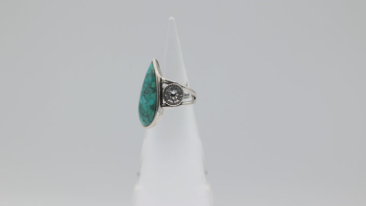 925 Sterling Silver Barse 25x12mm Faux Turquoise Stone & Rhinestones Ring Size 5.75