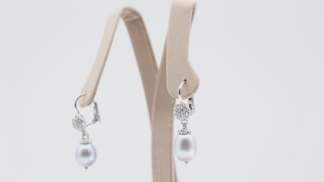 Judith Ripka 925 Sterling Silver Gray Pearl and Diamonique CZ Drop Dangle Earrings