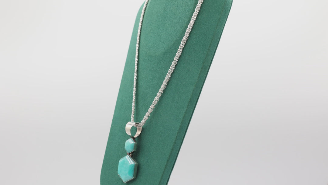 Silver Turquoise Thick Chain Double Hexagon Pendant 19 Inch