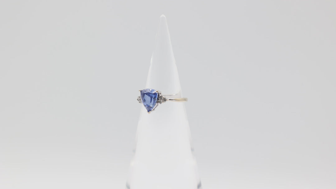 10K White Gold Blue Sapphire Trillion Cut Stone and Diamond Accents Ring Size 9