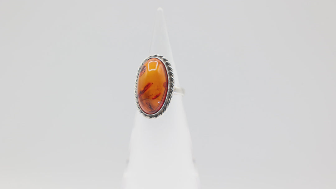 925 Sterling Silver Oval Amber 22mmx12mm Ring Size 7.75
