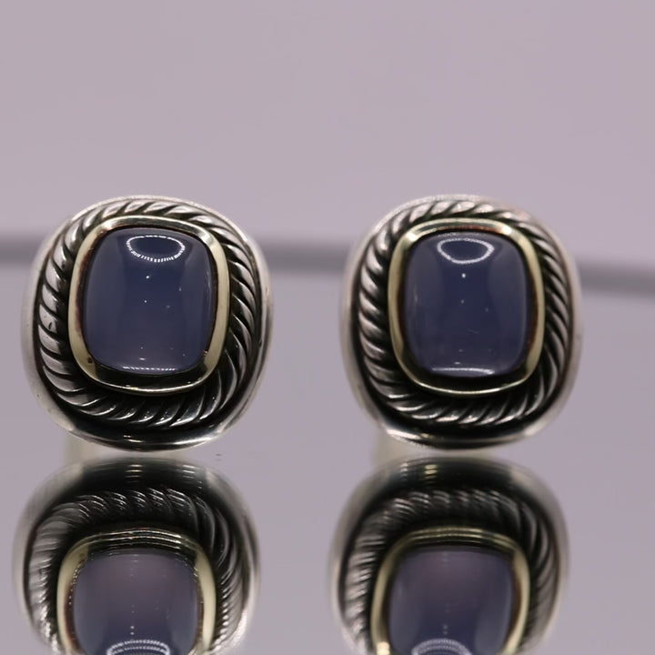Vintage 925 Sterling Silver and 14k Yellow Gold David Yurman Chalcedony Clip On Earrings