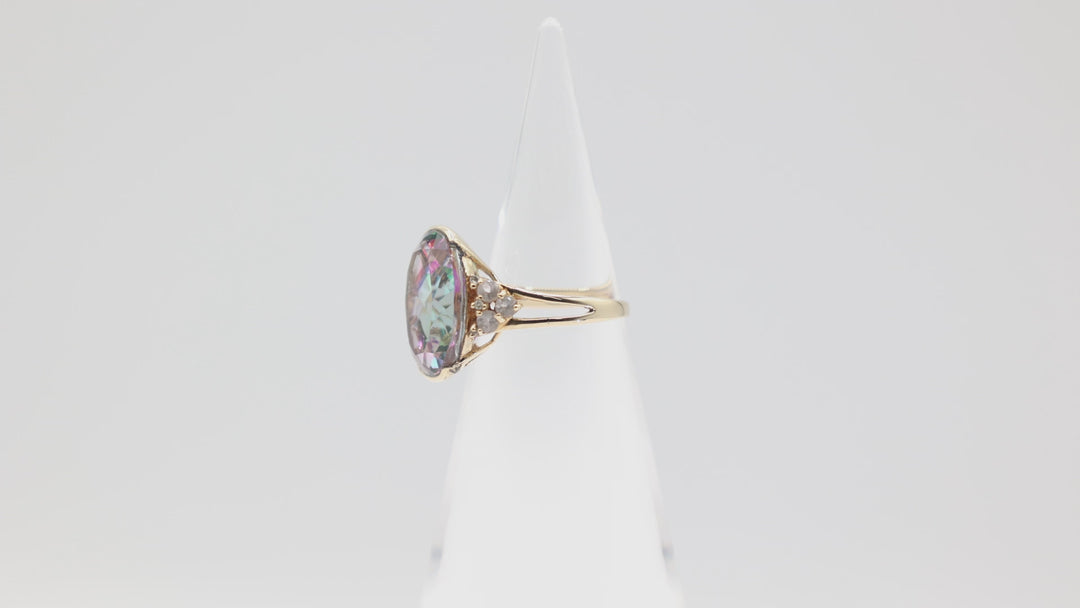 10K Yellow Gold Band Mystic Topaz Stone Ring Size 6.75 17mm x 12mm