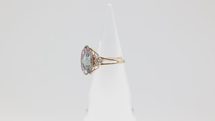 10K Yellow Gold Band Mystic Topaz Stone Ring Size 6.75 17mm x 12mm