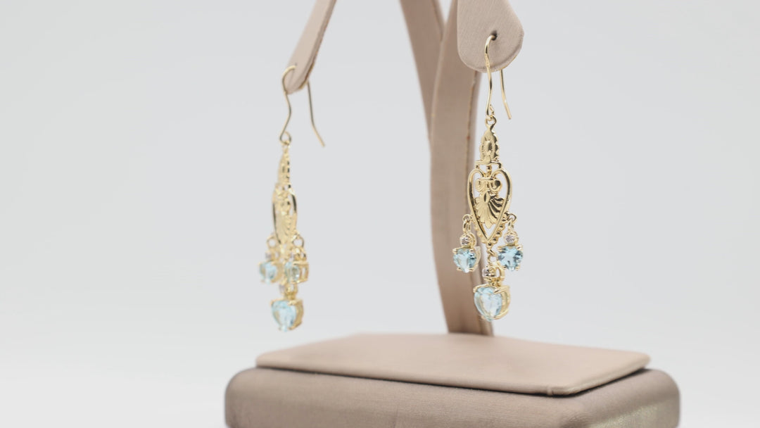 925 Sterling Silver Gold Plated Filigree Heart Renaissance Design Blue Sapphire Heart Dangle Earrings with Diamond Accents