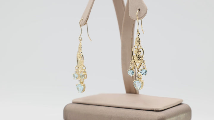 925 Sterling Silver Gold Plated Filigree Heart Renaissance Design Blue Sapphire Heart Dangle Earrings with Diamond Accents