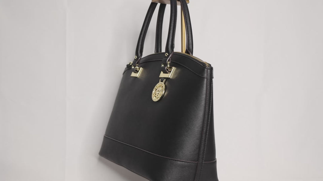 Anne Klein Black Leather w/ Gold Accents Dome Satchel