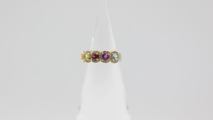 925 Sterling Silver 18k Gold Plated Band Ring with Citrine Blue Topaz Garnet Purple Spinel Prasiolite and White Sapphire Halo Stones Size 7