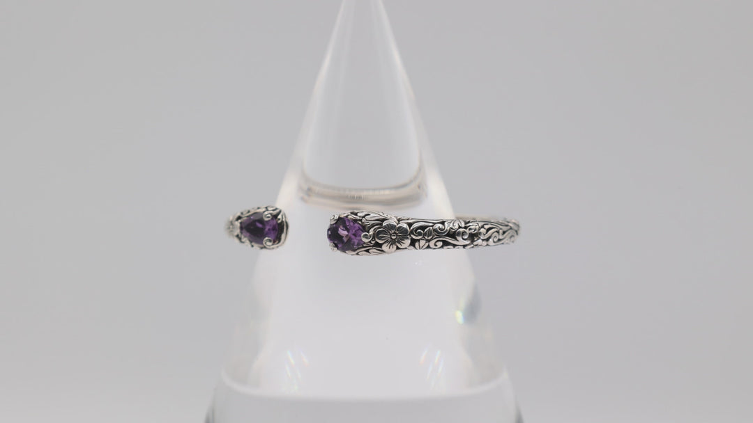 925 Sterling Silver Filigree Flower Amethyst Hinged Bracelet
