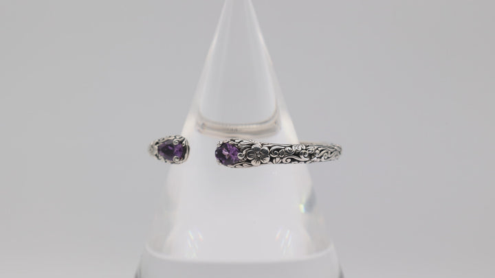 925 Sterling Silver Filigree Flower Amethyst Hinged Bracelet