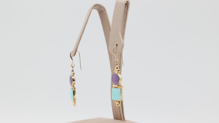 925 Gold Plated Square Turquoise and Purple Round Stone Dangle Earrings