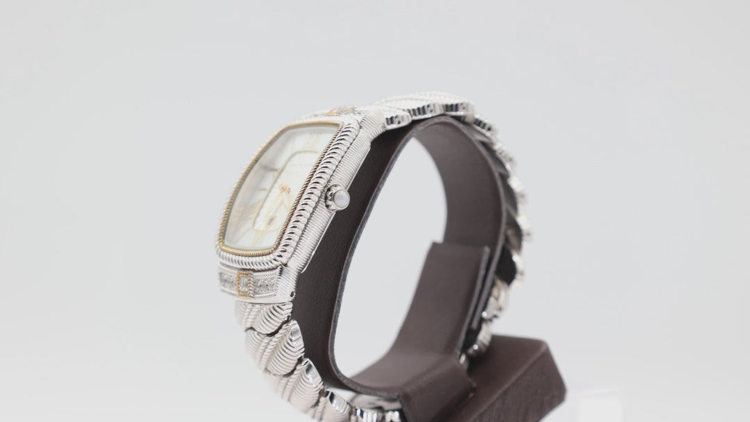 Judith Ripka Twisted Stainless Steel Textured Band Mother of Pearl Gold Tone Dial Watch