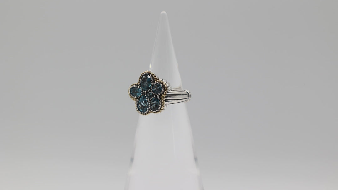 Lagos Blue Topaz Abstract Floral Ring 925 Sterling Silver 18K Gold Size 7.5