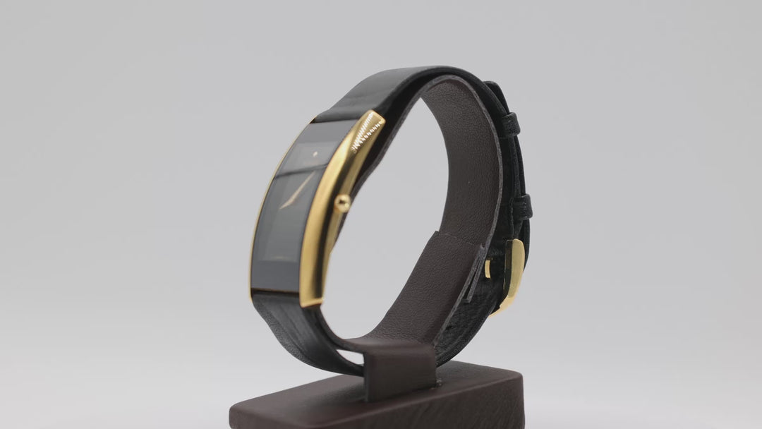 Movado La Nouvelle Rectangular Gold Tone and Black Leather Watch