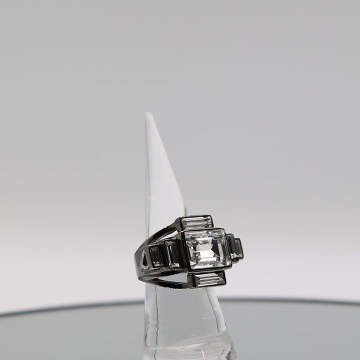 Black Tone Givenchy Art Deco Style Crystal Ring - Size 6.75