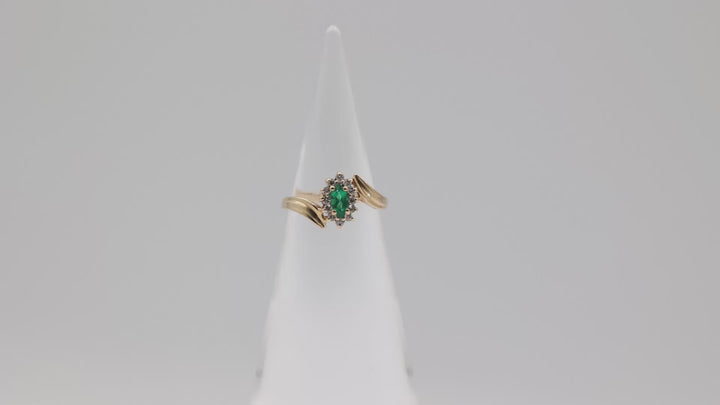 14K Yellow Gold Marquise Emerald And Diamond Bypass Ring Size 5.75