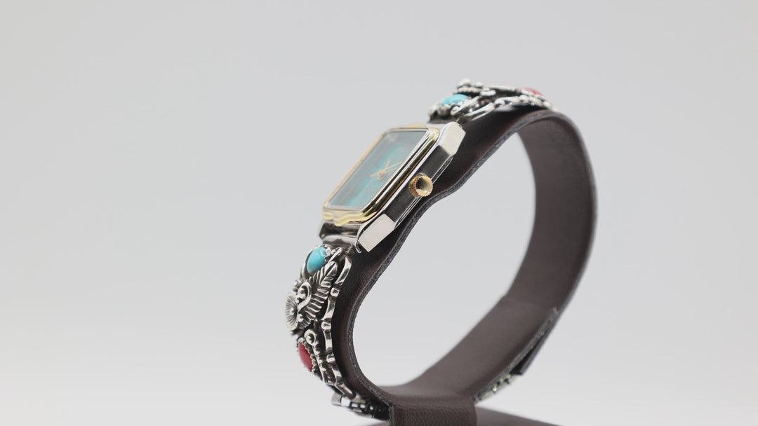 Navajo Sterling Silver Bangle With Coral Turquoise Watch