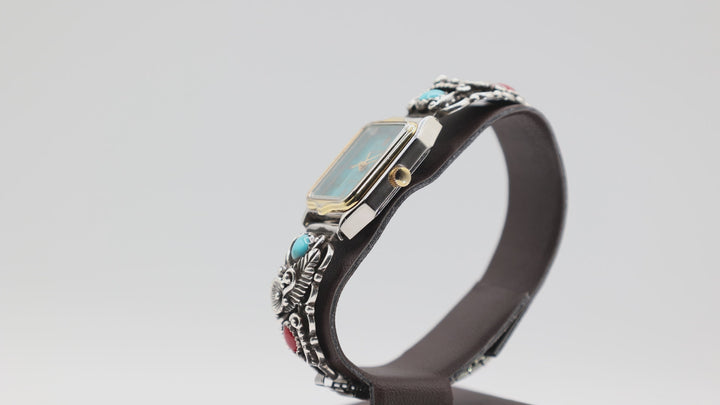 Navajo Sterling Silver Bangle With Coral Turquoise Watch
