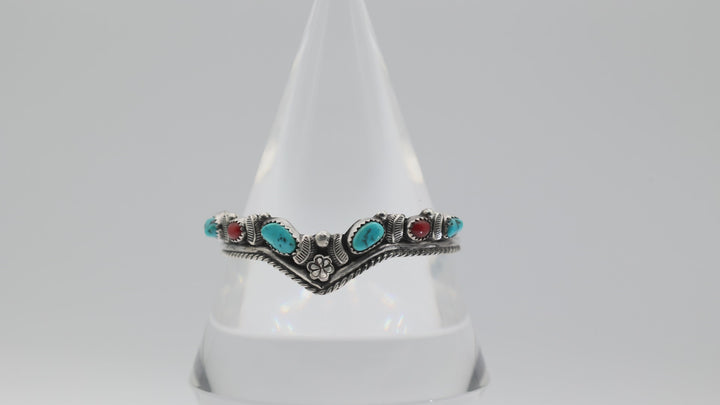 925 Sterling Silver Turquoise Red Coral Cuff Bracelet