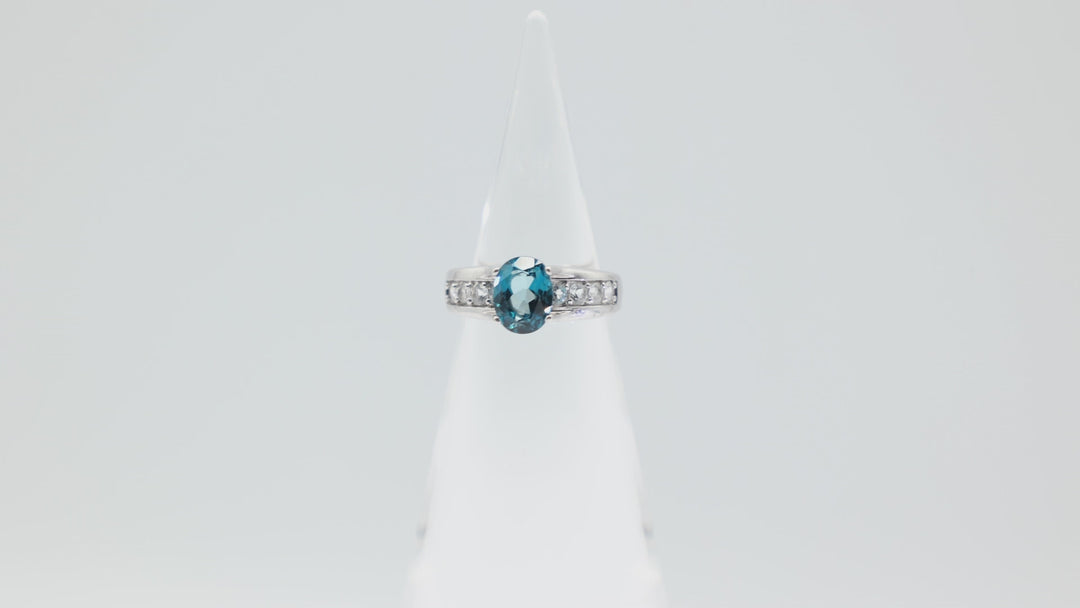 925 Sterling Silver Band with White Topaz Accents and Blue Topaz Oval Stone Ring Size 7