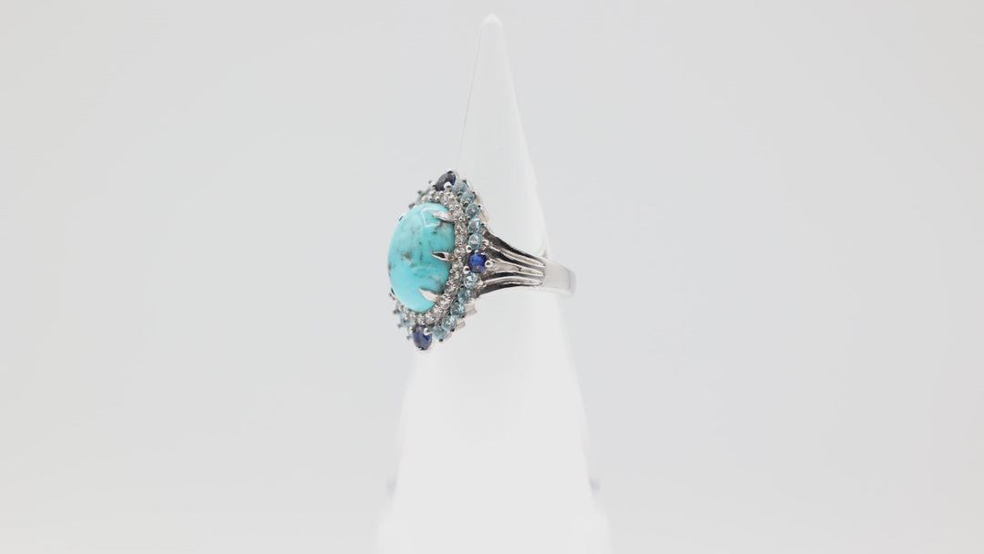 925 Sterling Silver Oval Turquoise Stone Halo Ring Size 7