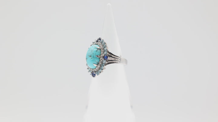 925 Sterling Silver Oval Turquoise Stone Halo Ring Size 7