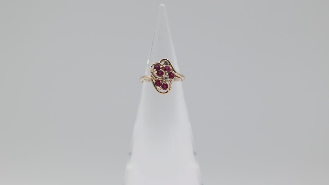 14K Yellow Gold Ruby And White Diamond Cluster Ring Size 5.75