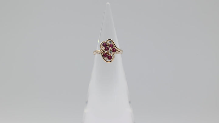 14K Yellow Gold Ruby And White Diamond Cluster Ring Size 5.75